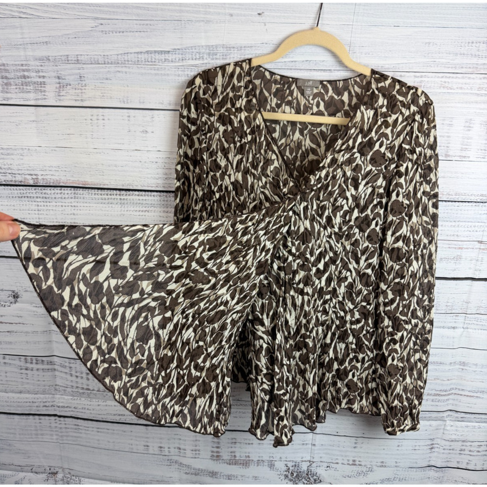 J.JILL floral print brown ivory rayon faux wrap blouse V-neck size XS